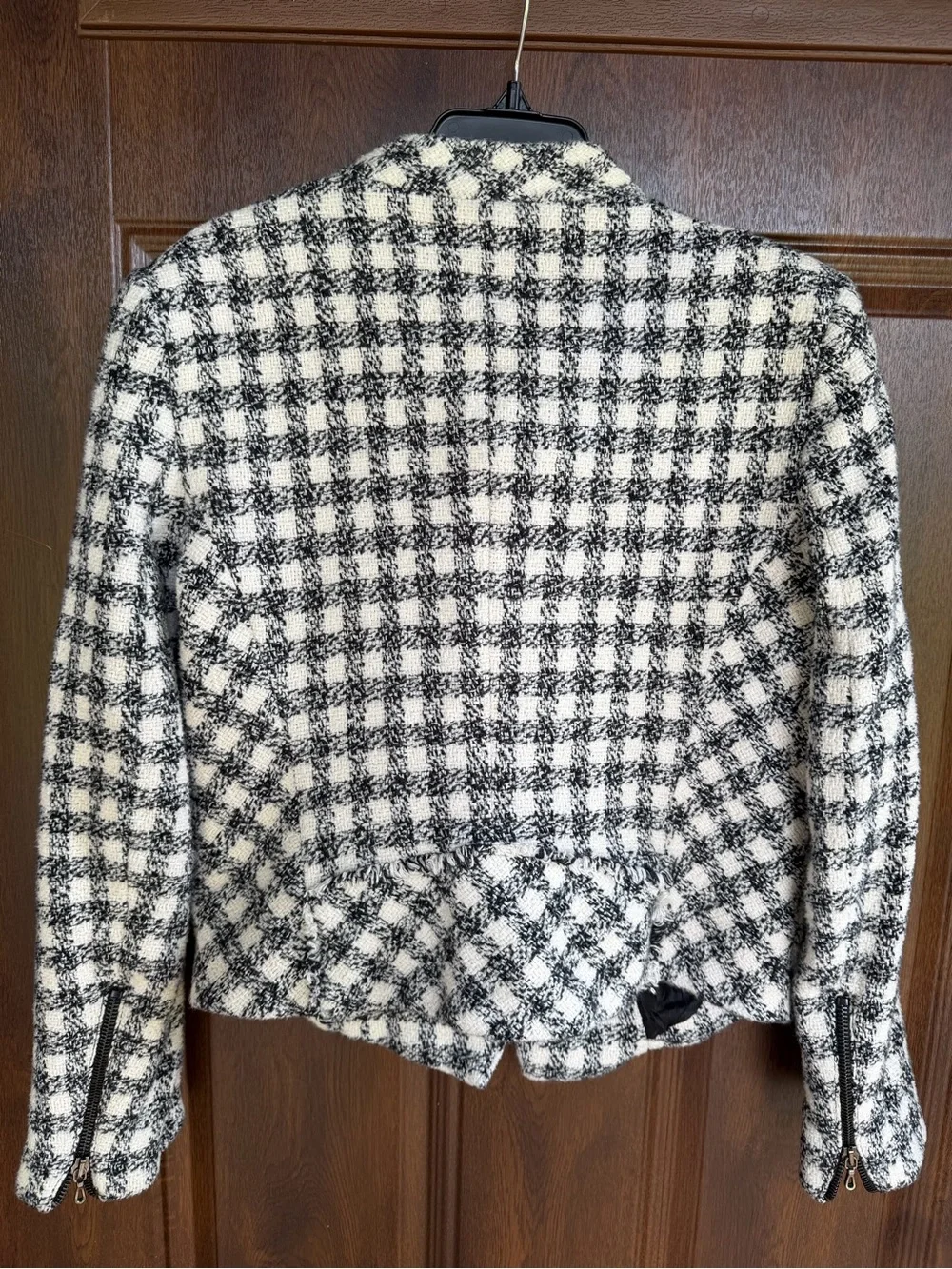 Zara Black and White Check Tweed Business Stylish Moto Blazer